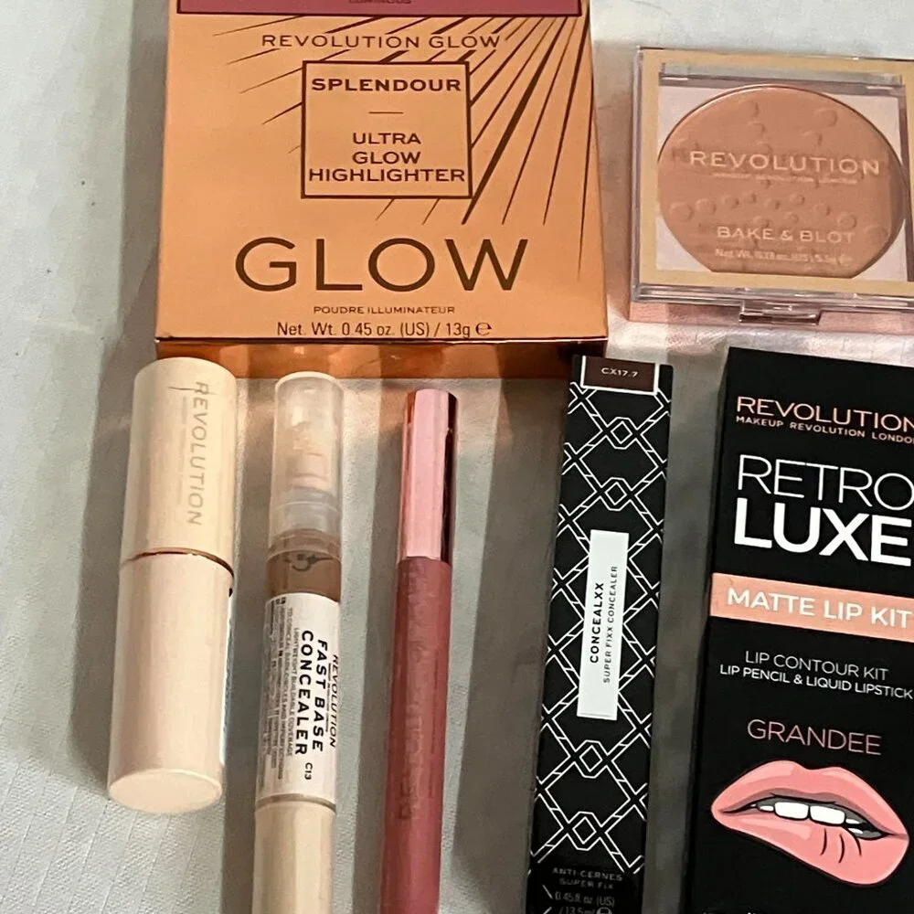 Revolution Makeup Lot OF 10 Concealers Lip Kits Highlighters Powder & More